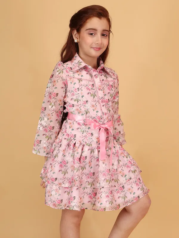 Cutecumber_Pink_Fit_&_Flare_Dress_for_Girls'_Floral_Print_Collared_Neck_Full_Sleeve_Knee-Length_Frock_Organza_Fabric_Front_Button_Closure_Casual_Party_Outfit_for_Baby_Girls_&_Kids_Age_1-15_Yrs