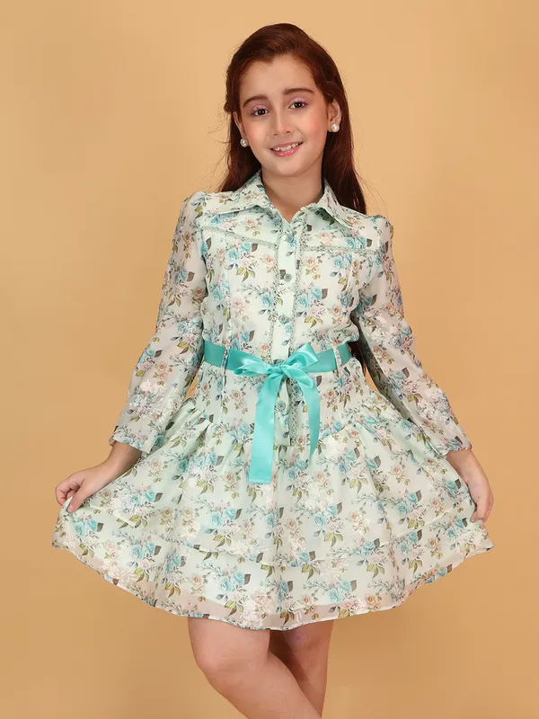 Cutecumber_Mint_Green_Fit_&_Flare_Dress_for_Girls'_Floral_Print_Collared_Neck_Full_Sleeve_Knee-Length_Frock_Organza_Fabric_Front_Button_Closure_Casual_Party_Outfit_for_Baby_Girls_&_Kids_Age_1-15_Yrs