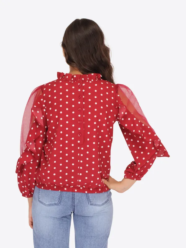 Cutecumber_Girls_Georgette_&_Net_Polka_dot_Printed_Full_Sleeves_Top_Maroon