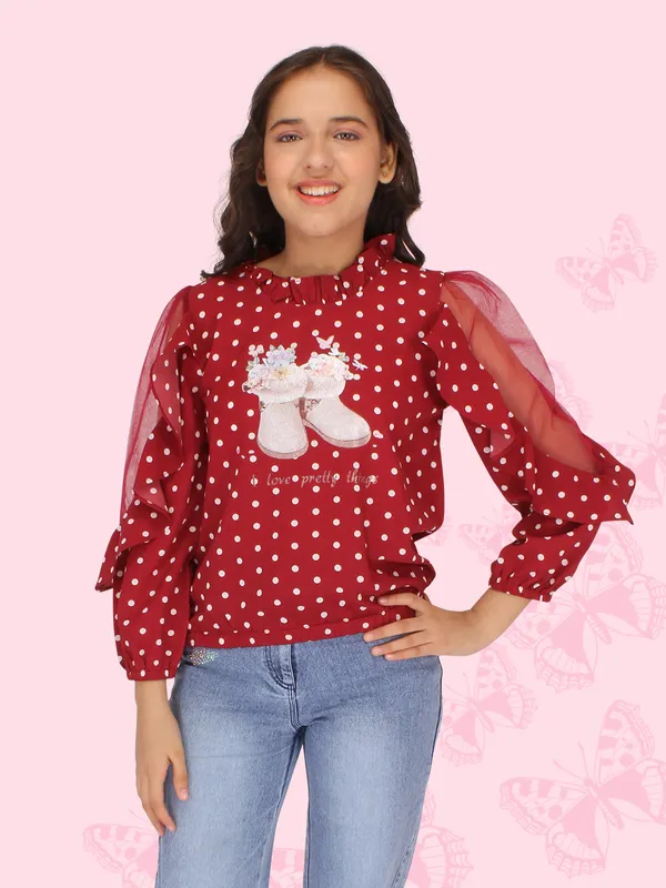 Cutecumber_Girls_Georgette_&_Net_Polka_dot_Printed_Full_Sleeves_Top_Maroon
