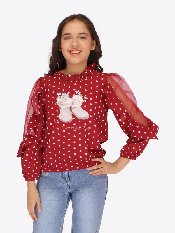 Cutecumber_Girls_Georgette_&_Net_Polka_dot_Printed_Full_Sleeves_Top_Maroon