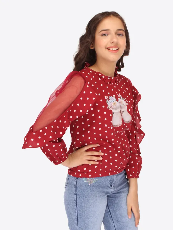 Cutecumber_Girls_Georgette_&_Net_Polka_dot_Printed_Full_Sleeves_Top_Maroon