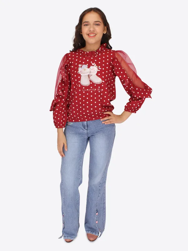 Cutecumber_Girls_Georgette_&_Net_Polka_dot_Printed_Full_Sleeves_Top_Maroon