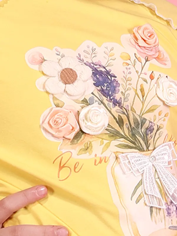 Cutecumber_Girls_Yellow_Short_Sleeve_Round_Neck_Knit_T-Shirt_Floral_Applique_Printed_Plain_Casual_Summer_Party_Top_Soft_Breathable_Trendy_Kids_Fashion_Wear_for_Baby_Girls_&_Kids_Age_1-15_Yrs