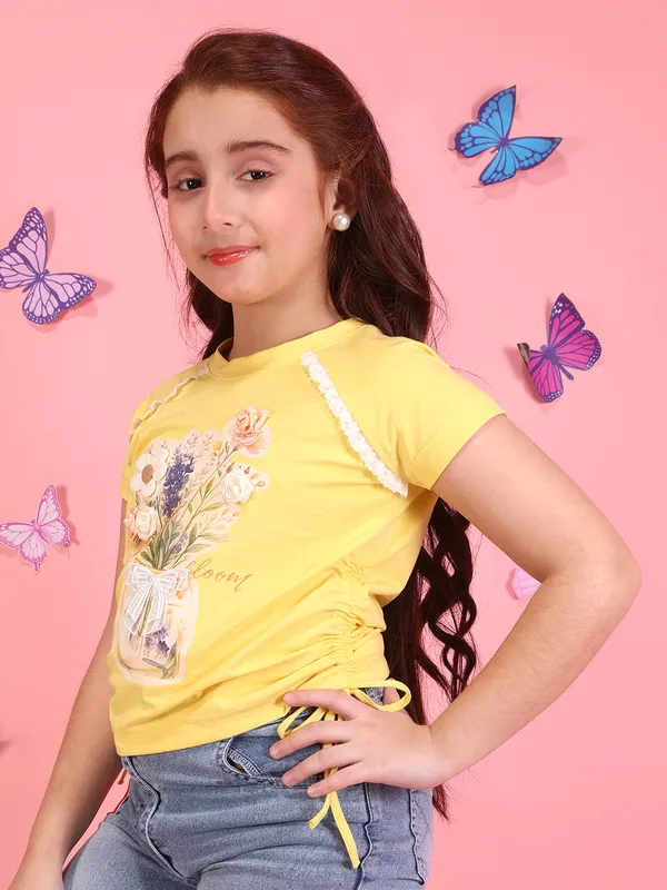 Cutecumber_Girls_Yellow_Short_Sleeve_Round_Neck_Knit_T-Shirt_Floral_Applique_Printed_Plain_Casual_Summer_Party_Top_Soft_Breathable_Trendy_Kids_Fashion_Wear_for_Baby_Girls_&_Kids_Age_1-15_Yrs