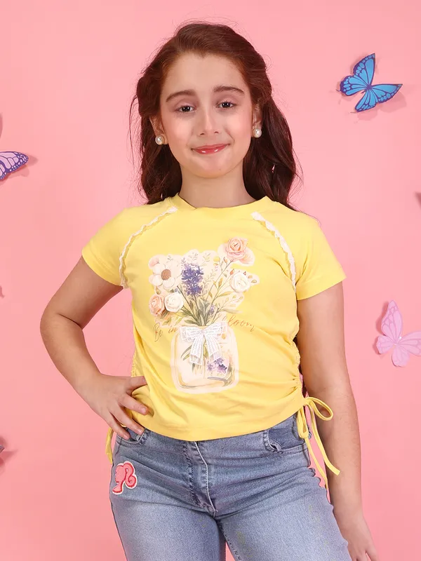 Cutecumber_Girls_Yellow_Short_Sleeve_Round_Neck_Knit_T-Shirt_Floral_Applique_Printed_Plain_Casual_Summer_Party_Top_Soft_Breathable_Trendy_Kids_Fashion_Wear_for_Baby_Girls_&_Kids_Age_1-15_Yrs