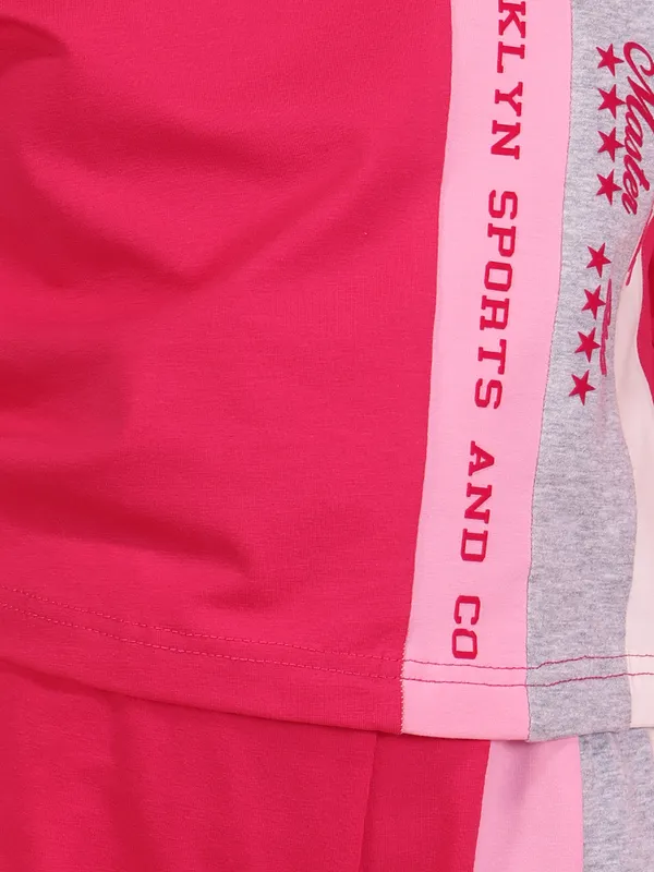 Cutecumber_Girls_Fuchsia_Knit_Co_Ord_Set_Color_Block_T_Shirt_Wide_Leg_Matching_Pants_Trendy_Casual_Summer_Outfit_Soft_Stretch_Comfortable_Daily_Stylish_Kids_Clothing_Set_For_Girls_Age_1-15_Yrs
