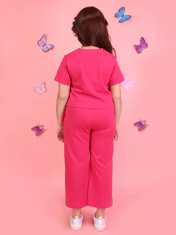 Cutecumber_Girls_Fuchsia_Knit_Co_Ord_Set_Color_Block_T_Shirt_Wide_Leg_Matching_Pants_Trendy_Casual_Summer_Outfit_Soft_Stretch_Comfortable_Daily_Stylish_Kids_Clothing_Set_For_Girls_Age_1-15_Yrs