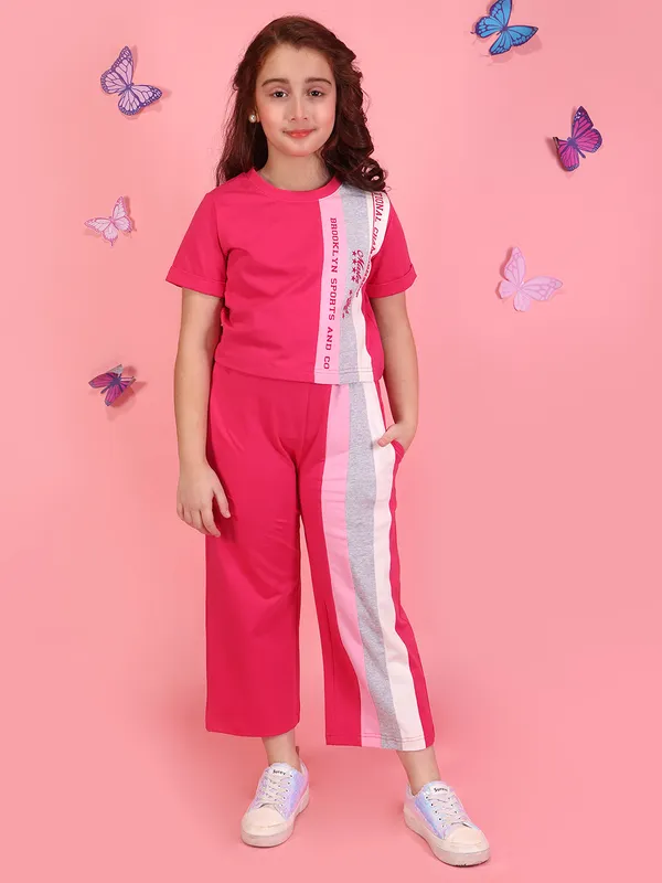 Cutecumber_Girls_Fuchsia_Knit_Co_Ord_Set_Color_Block_T_Shirt_Wide_Leg_Matching_Pants_Trendy_Casual_Summer_Outfit_Soft_Stretch_Comfortable_Daily_Stylish_Kids_Clothing_Set_For_Girls_Age_1-15_Yrs