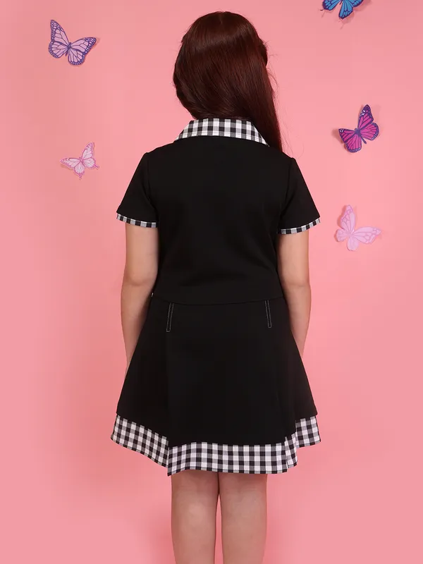 Cutecumber_Girls_Black_Check_Trim_Fit_&_Flare_Dress_Collared_Neck_Applique_Accent_Summer_Outfit_Lightweight_Comfortable_Cotton_Blend_Fashion_Casual_Clothing_Kids_&_Baby_Girls_Age_1-15_Yrs