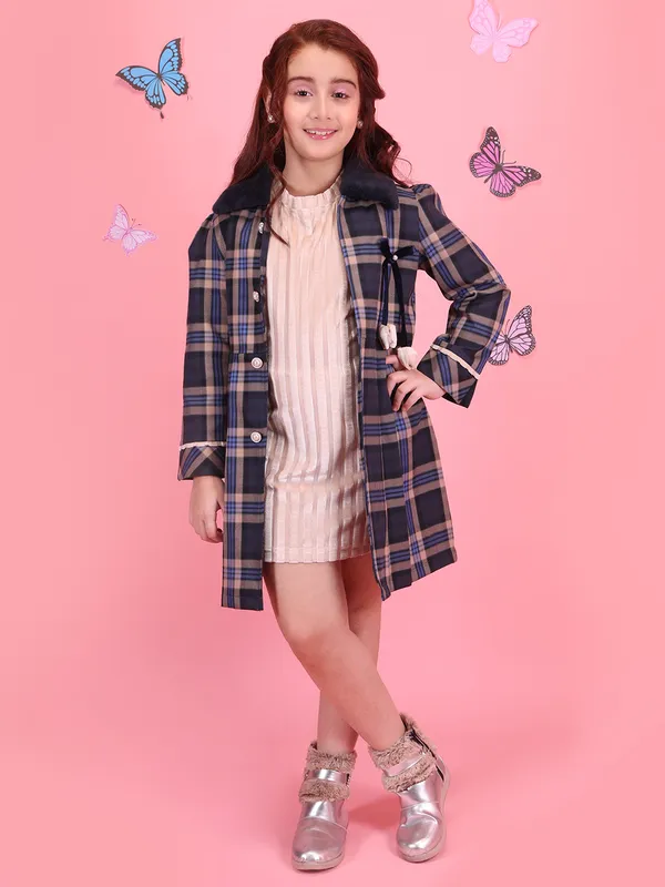 Cutecumber_Girls_Blue_Winter_Two_Piece_Check_A_Line_Coat_Dress_for_Baby_Girls_and_Kids_1_to_15_Yrs_with_Lapel_Collar_Glitter_Chenille_Fabric_Stylish_Party_&_Casual_Festive_Outfit_Best_for_Winter