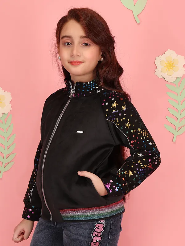 Cutecumber_Girls'_Black_Winter_Jacket_Multi-Color_Stand_Collar_Neck_Full_Sleeve_Bomber_Style_Star_Embellished_Glitter_Front_Zipper_Closure_Fancy_Casual_Outfit_for_Baby_Girls_&_Kids_Age_1-15_Yrs