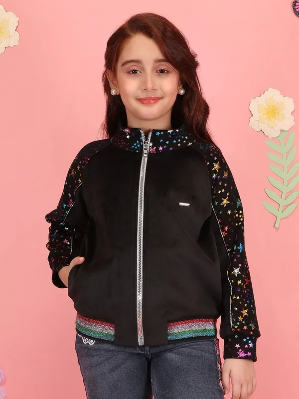 Cutecumber_Girls'_Black_Winter_Jacket_Multi-Color_Stand_Collar_Neck_Full_Sleeve_Bomber_Style_Star_Embellished_Glitter_Front_Zipper_Closure_Fancy_Casual_Outfit_for_Baby_Girls_&_Kids_Age_1-15_Yrs