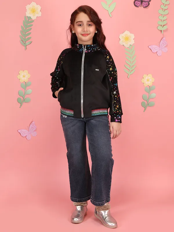 Cutecumber_Girls'_Black_Winter_Jacket_Multi-Color_Stand_Collar_Neck_Full_Sleeve_Bomber_Style_Star_Embellished_Glitter_Front_Zipper_Closure_Fancy_Casual_Outfit_for_Baby_Girls_&_Kids_Age_1-15_Yrs