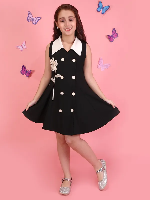 Cutecumber_Girls_Black_Collar_Neck_Above_Knee_Party_Dress_Waffle_Knit_Cotton_Blend_Button_Closure_Applique_Embellished_Trendy_Summer_Fashion_Outfit_Occasional_Wear_Kids_&_Baby_Girls_Age_1-15_Yrs