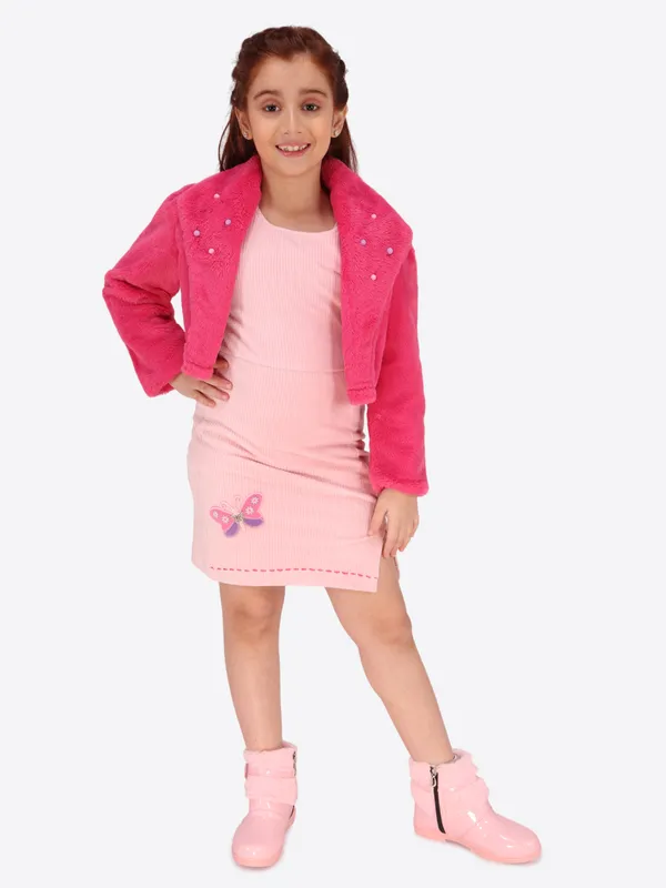 Cutecumber_Girls_Stunning_Pink_Shift_Dress_Cotton_Blend_Button_Closure_with_Faux_Fur_Collar_Jacket/Shrug_Stylish_Winter_Party_Casual_Birthday_Outfit_for_Baby_Girls_&_Kids_(1�15_Years)
