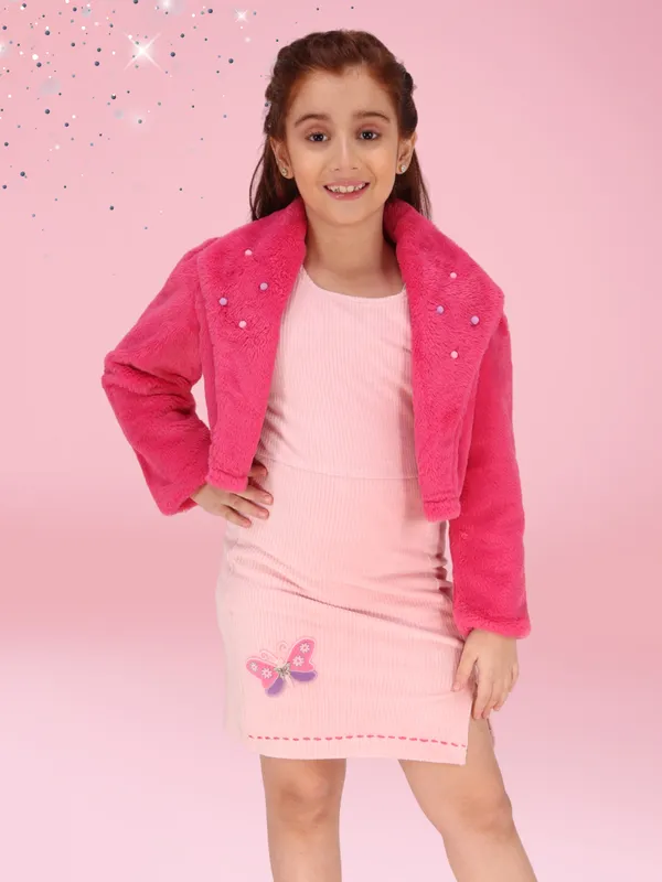 Cutecumber_Girls_Stunning_Pink_Shift_Dress_Cotton_Blend_Button_Closure_with_Faux_Fur_Collar_Jacket/Shrug_Stylish_Winter_Party_Casual_Birthday_Outfit_for_Baby_Girls_&_Kids_(1�15_Years)