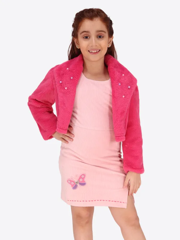 Cutecumber_Girls_Stunning_Pink_Shift_Dress_Cotton_Blend_Button_Closure_with_Faux_Fur_Collar_Jacket/Shrug_Stylish_Winter_Party_Casual_Birthday_Outfit_for_Baby_Girls_&_Kids_(1�15_Years)