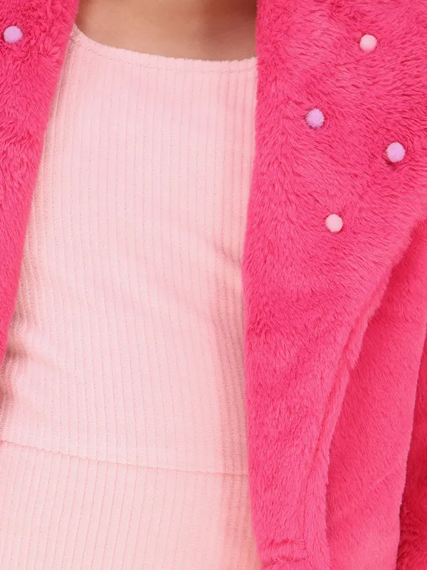 Cutecumber_Girls_Stunning_Pink_Shift_Dress_Cotton_Blend_Button_Closure_with_Faux_Fur_Collar_Jacket/Shrug_Stylish_Winter_Party_Casual_Birthday_Outfit_for_Baby_Girls_&_Kids_(1�15_Years)