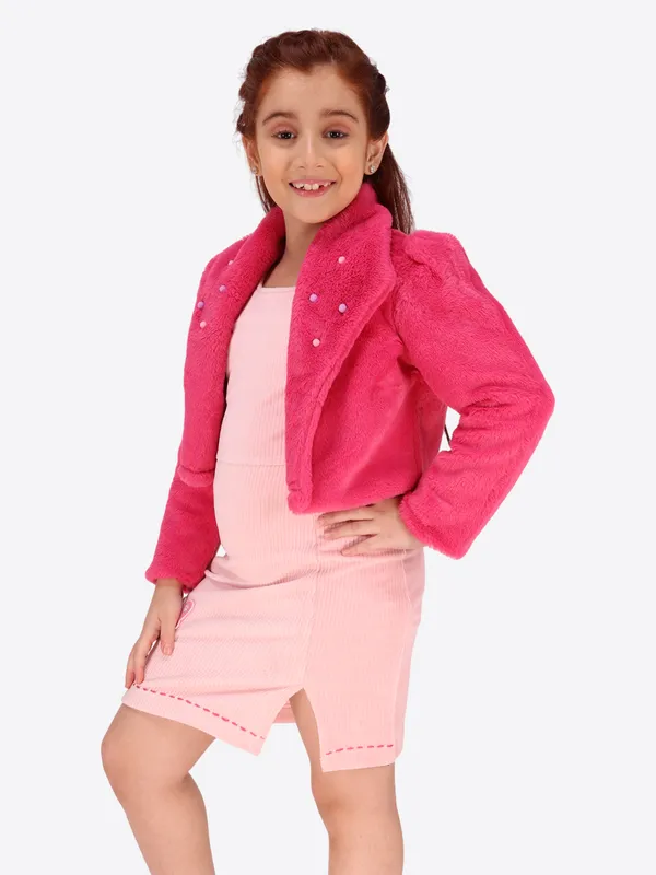 Cutecumber_Girls_Stunning_Pink_Shift_Dress_Cotton_Blend_Button_Closure_with_Faux_Fur_Collar_Jacket/Shrug_Stylish_Winter_Party_Casual_Birthday_Outfit_for_Baby_Girls_&_Kids_(1�15_Years)