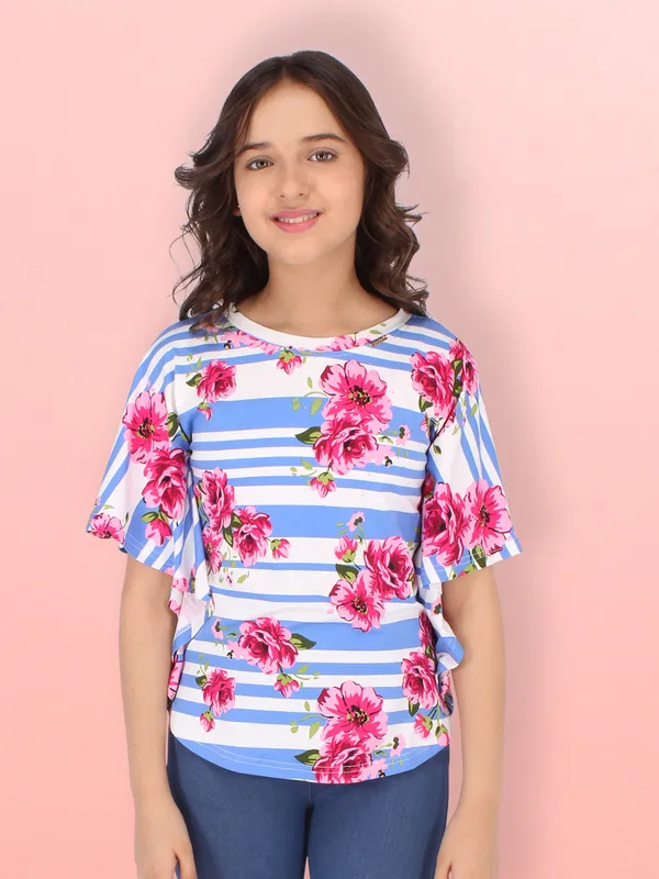 Cutecumber_Girls_Cotton_Knit_Striped_&_Floral_Printed_Blue_Top.