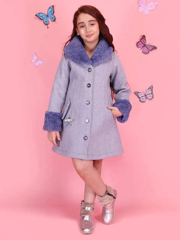 Cutecumber_Girls'_Blue_A-Line_Coat_Dress_Plain_Tweed_&_Fur_Winter_Wear_Full_Sleeve_Knee_Length_Button_Front_Casual_Stylish_Elegant_Party_Occasion_Outfit_for_Baby_Girls_&_Kids_Age_1-15_Yrs