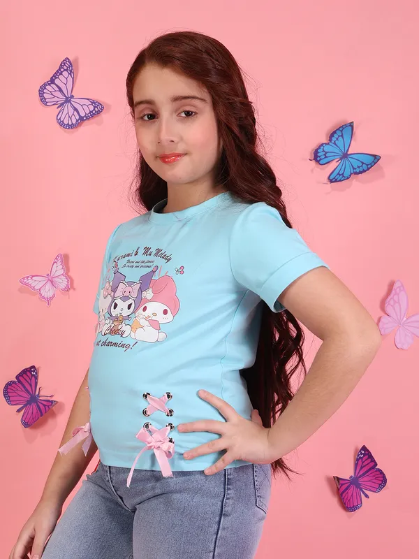 Cutecumber_Girls_Aqua_Short_Sleeve_Knit_T_Shirt_Top_Round_Neck_Graphic_Applique_Cartoon_Print_Trendy_Casual_Summer_Soft_Stretch_Designer_Kids_Fashion_for_Baby_Girls_&_Kids_Age_1-15_Yrs