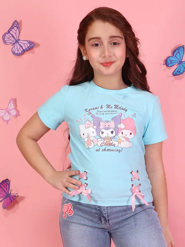 Cutecumber_Girls_Aqua_Short_Sleeve_Knit_T_Shirt_Top_Round_Neck_Graphic_Applique_Cartoon_Print_Trendy_Casual_Summer_Soft_Stretch_Designer_Kids_Fashion_for_Baby_Girls_&_Kids_Age_1-15_Yrs