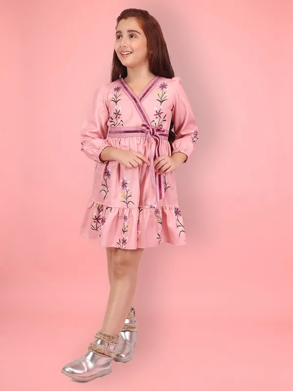 Cutecumber_Girls_Rust_Printed_Polyester_Full_Sleeve_Wrap_Dress_with_Floral_Print_&_Waist_Tie_Zip_Closure_Elegant_Knee-Length_Party_Dress_for_Baby_Girls_&_Kids_(1�15_Years)