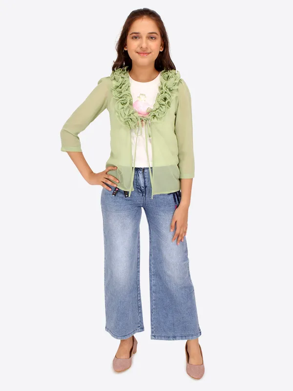 Cutecumber_Girls_Fox_Georgette_&_Hosiery_Embellished_Sleeveless_Top_with_3/4th_Sleeves_Shrug.CC7694A-GREEN