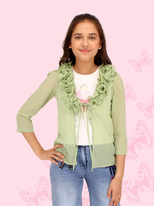 Cutecumber_Girls_Fox_Georgette_&_Hosiery_Embellished_Sleeveless_Top_with_3/4th_Sleeves_Shrug.CC7694A-GREEN