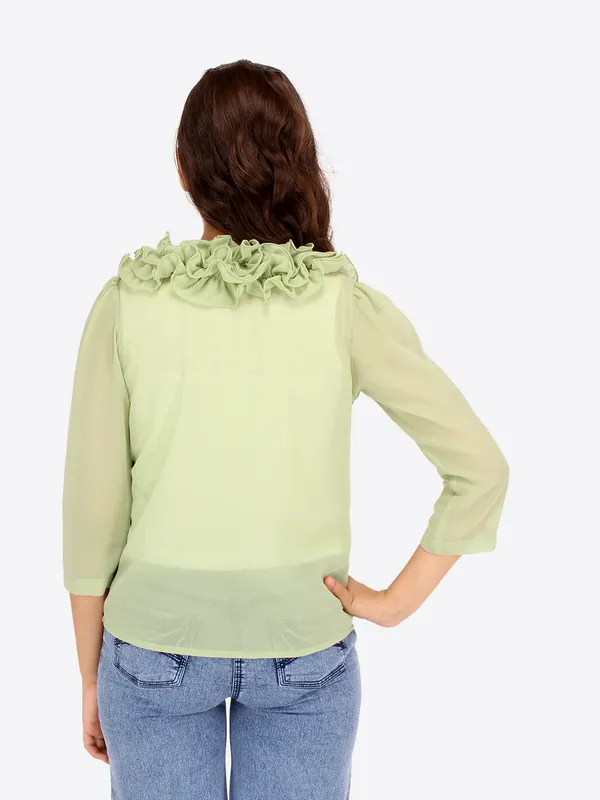 Cutecumber_Girls_Fox_Georgette_&_Hosiery_Embellished_Sleeveless_Top_with_3/4th_Sleeves_Shrug.CC7694A-GREEN