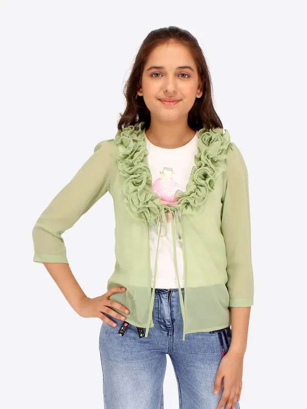 Cutecumber_Girls_Fox_Georgette_&_Hosiery_Embellished_Sleeveless_Top_with_3/4th_Sleeves_Shrug.CC7694A-GREEN