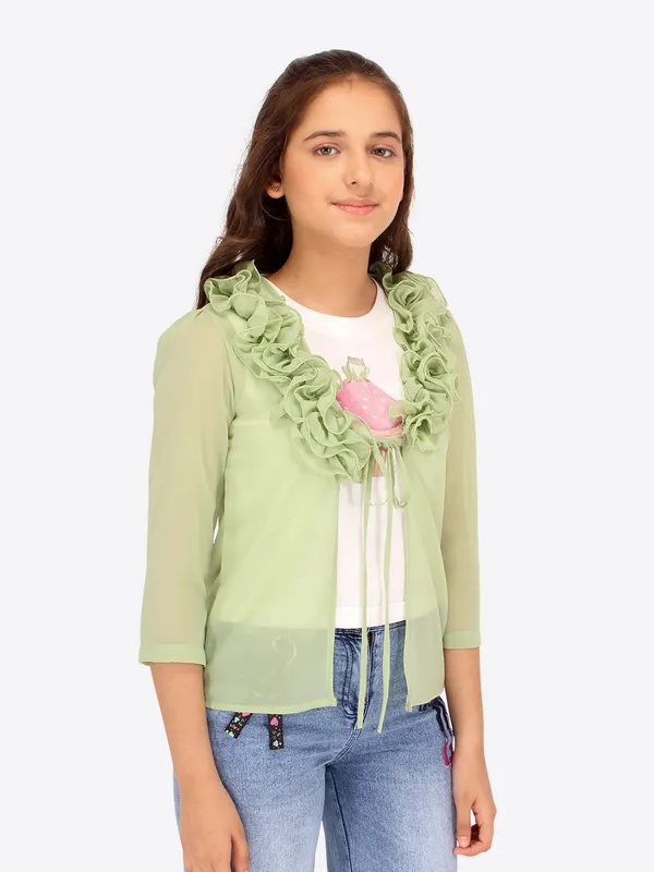 Cutecumber_Girls_Fox_Georgette_&_Hosiery_Embellished_Sleeveless_Top_with_3/4th_Sleeves_Shrug.CC7694A-GREEN
