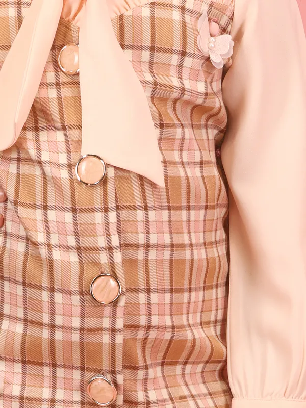 Cutecumber_Girls_Check_Pattern_Dress_with_Peach_Bow_Tie_Check_Fabric_Frock_Button_Closure_Long_Sleeves_Knee-Length_Peter_Pan_Collar_Birthday_Party_Casual_Wear_for_Baby_Girls_&_Girls_Child_Ages_1�15