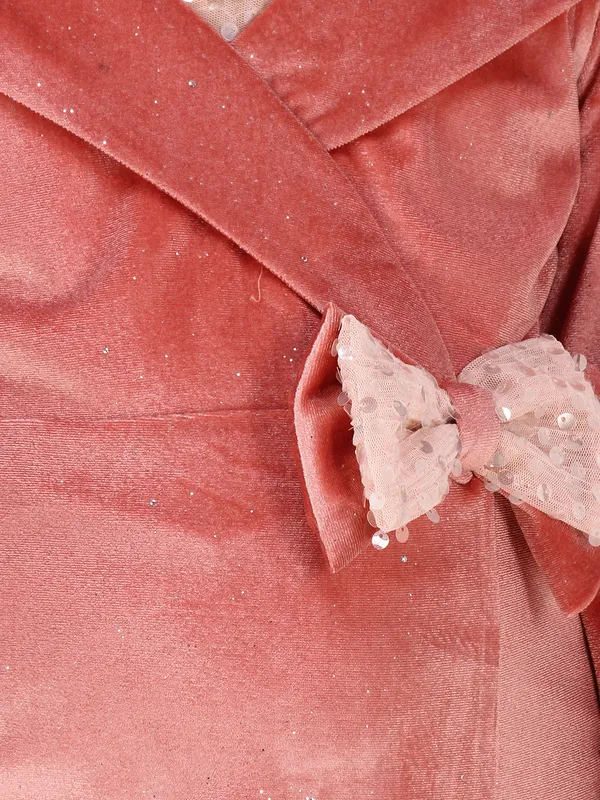 Cutecumber_Peach_Stretch_Velvet_Shift_Dress_for_Girls_-_Mock_Shawl_Collar,_Sequin_Yoke_for_Sparkle_&_Glamour_|_CC8705D-PEACH
