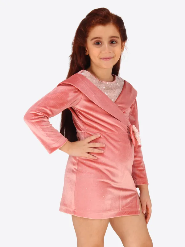 Cutecumber_Peach_Stretch_Velvet_Shift_Dress_for_Girls_-_Mock_Shawl_Collar,_Sequin_Yoke_for_Sparkle_&_Glamour_|_CC8705D-PEACH