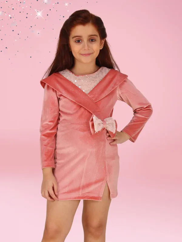 Cutecumber_Peach_Stretch_Velvet_Shift_Dress_for_Girls_-_Mock_Shawl_Collar,_Sequin_Yoke_for_Sparkle_&_Glamour_|_CC8705D-PEACH