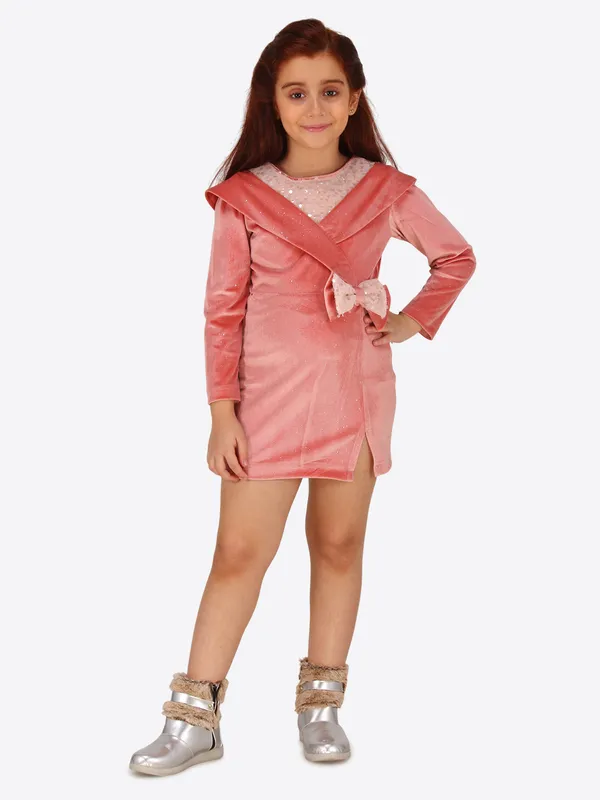 Cutecumber_Peach_Stretch_Velvet_Shift_Dress_for_Girls_-_Mock_Shawl_Collar,_Sequin_Yoke_for_Sparkle_&_Glamour_|_CC8705D-PEACH