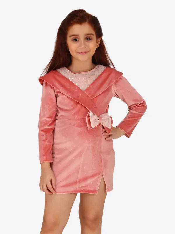 Cutecumber_Peach_Stretch_Velvet_Shift_Dress_for_Girls_-_Mock_Shawl_Collar,_Sequin_Yoke_for_Sparkle_&_Glamour_|_CC8705D-PEACH