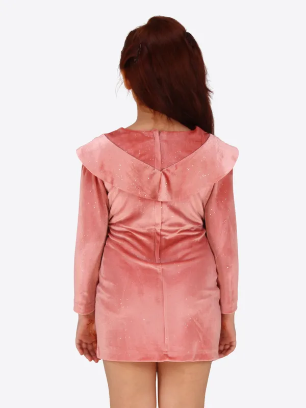 Cutecumber_Peach_Stretch_Velvet_Shift_Dress_for_Girls_-_Mock_Shawl_Collar,_Sequin_Yoke_for_Sparkle_&_Glamour_|_CC8705D-PEACH