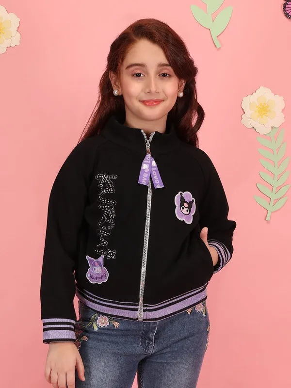 Cutecumber_Girls'_Winter_Jacket_with_Pocket_Black_Purple_Fleece_Stand_Neck_Full_Sleeve_Track_Style_Kuromi_Embellished_Print_Full_Zip_Closure_Fancy_Casual_Outfit_for_Baby_Girls_&_Kids_Age_1-15_Yrs