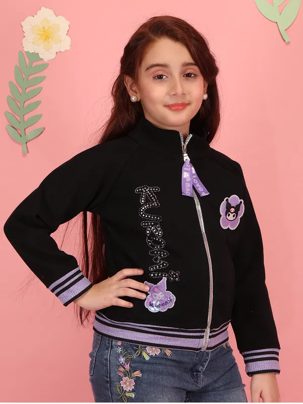 Cutecumber_Girls'_Winter_Jacket_with_Pocket_Black_Purple_Fleece_Stand_Neck_Full_Sleeve_Track_Style_Kuromi_Embellished_Print_Full_Zip_Closure_Fancy_Casual_Outfit_for_Baby_Girls_&_Kids_Age_1-15_Yrs