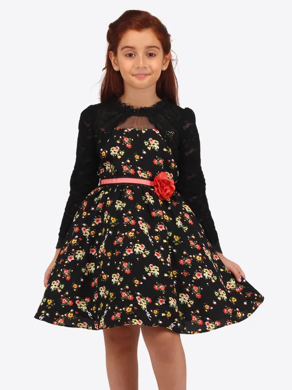 Cutecumber_Black_and_Yellow_Floral_Georgette_Fit_and_Flare_Dress_for_Girls_-_Bolero_Neckline,_Lace_Sleeves,_and_Flower_Waist_Belt_Age_1-15_Y|_CC8668D-BLACK