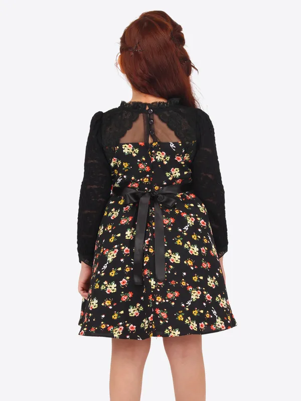 Cutecumber_Black_and_Yellow_Floral_Georgette_Fit_and_Flare_Dress_for_Girls_-_Bolero_Neckline,_Lace_Sleeves,_and_Flower_Waist_Belt_Age_1-15_Y|_CC8668D-BLACK