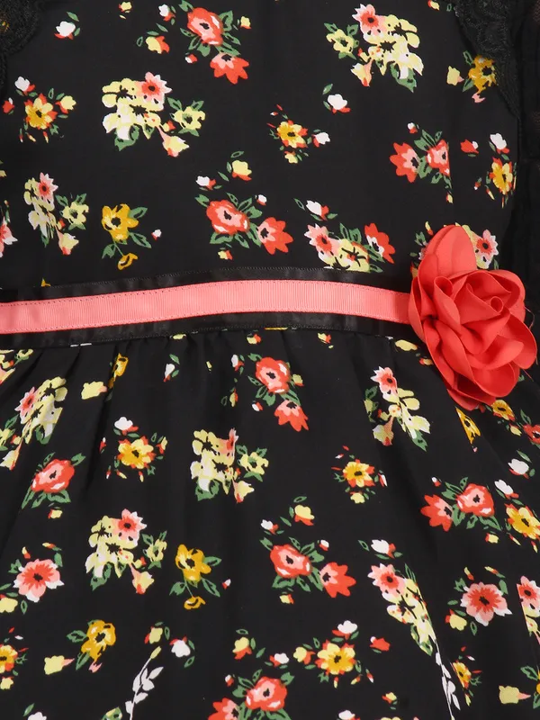 Cutecumber_Black_and_Yellow_Floral_Georgette_Fit_and_Flare_Dress_for_Girls_-_Bolero_Neckline,_Lace_Sleeves,_and_Flower_Waist_Belt_Age_1-15_Y|_CC8668D-BLACK