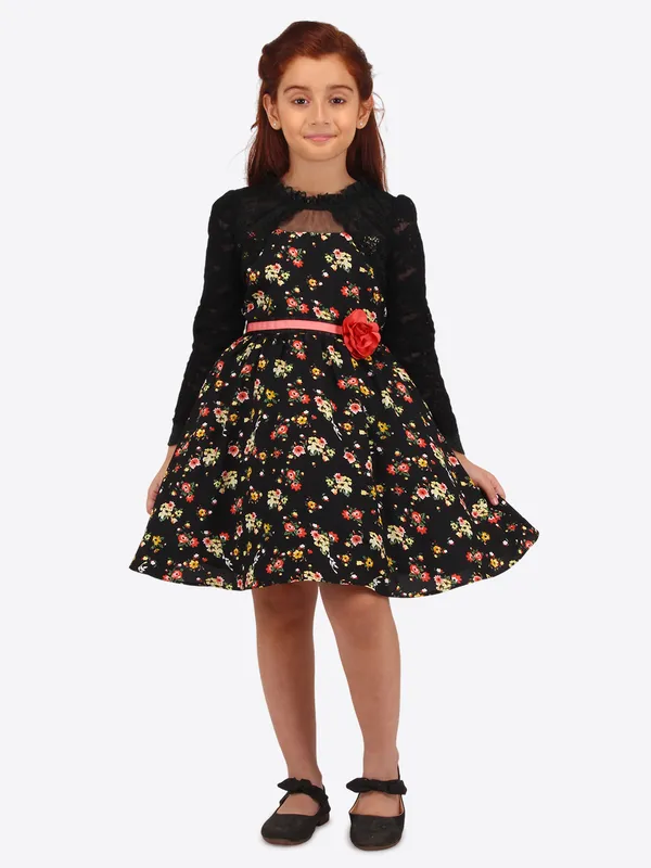 Cutecumber_Black_and_Yellow_Floral_Georgette_Fit_and_Flare_Dress_for_Girls_-_Bolero_Neckline,_Lace_Sleeves,_and_Flower_Waist_Belt_Age_1-15_Y|_CC8668D-BLACK