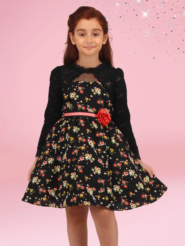 Cutecumber_Black_and_Yellow_Floral_Georgette_Fit_and_Flare_Dress_for_Girls_-_Bolero_Neckline,_Lace_Sleeves,_and_Flower_Waist_Belt_Age_1-15_Y|_CC8668D-BLACK