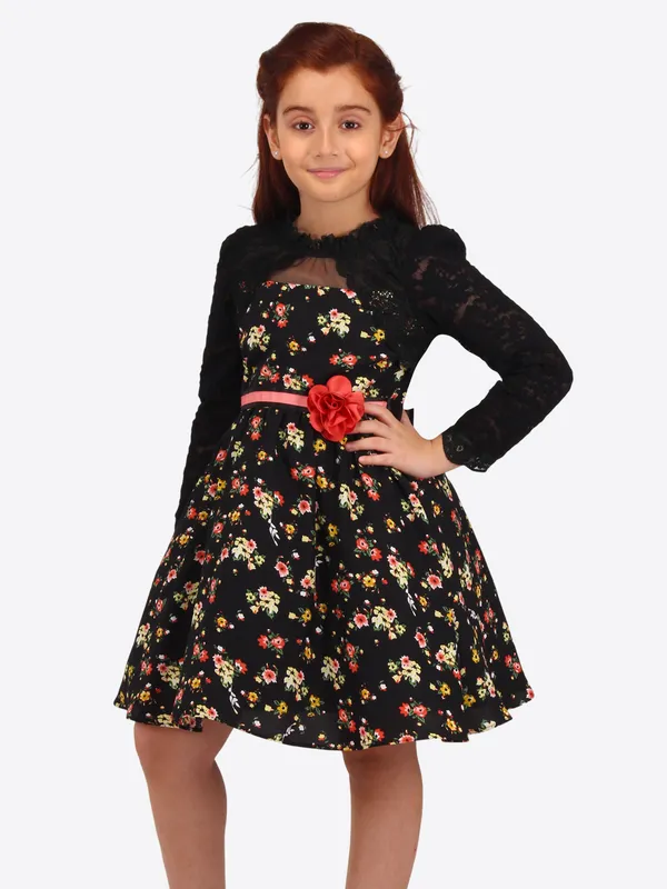 Cutecumber_Black_and_Yellow_Floral_Georgette_Fit_and_Flare_Dress_for_Girls_-_Bolero_Neckline,_Lace_Sleeves,_and_Flower_Waist_Belt_Age_1-15_Y|_CC8668D-BLACK