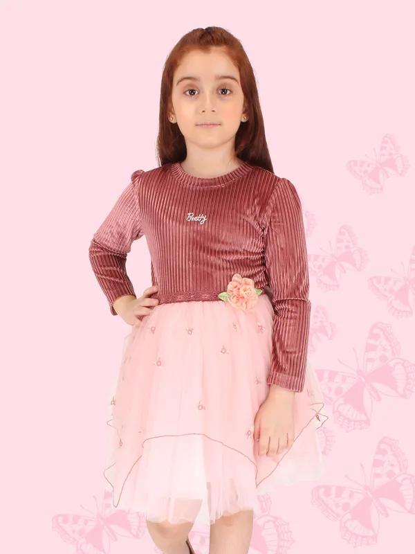 Cutecumber_Girls_Chenille_&_Net_Full_Sleeve_Winter_Embellished_Fit_&_Flared_Knee_Length_Dress.CC7625D-PEACH-44